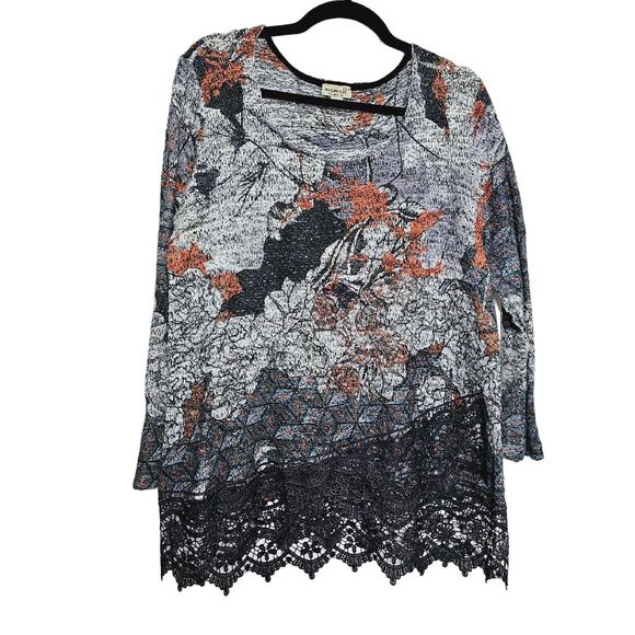 One World Womens Size M Grey Long Sleeve Lightweight Sweater With Lace Trim Fall - Picture 1 of 13